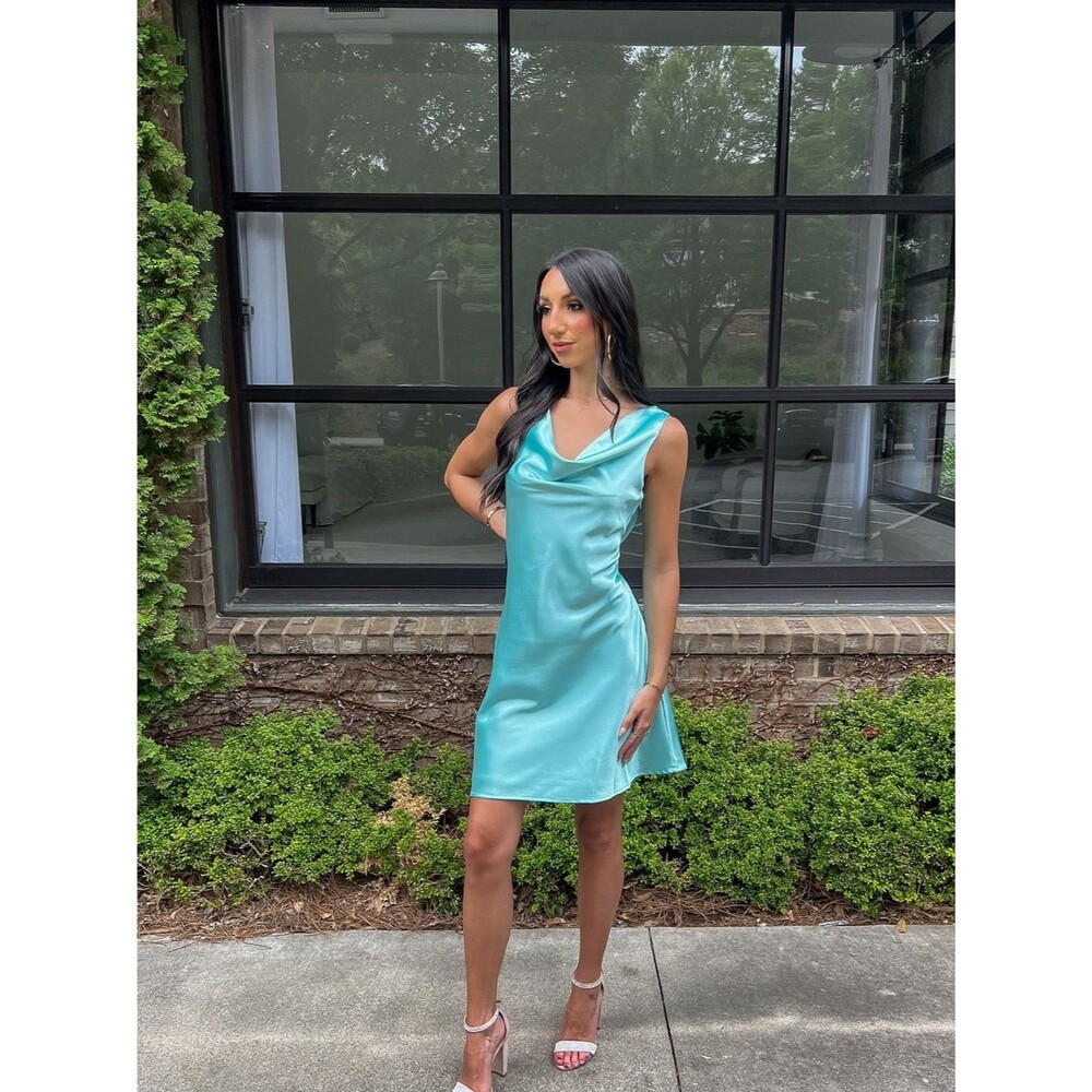 Luna Aqua Satin Cowl Neck Slip Mini Dress Open Back Size Small